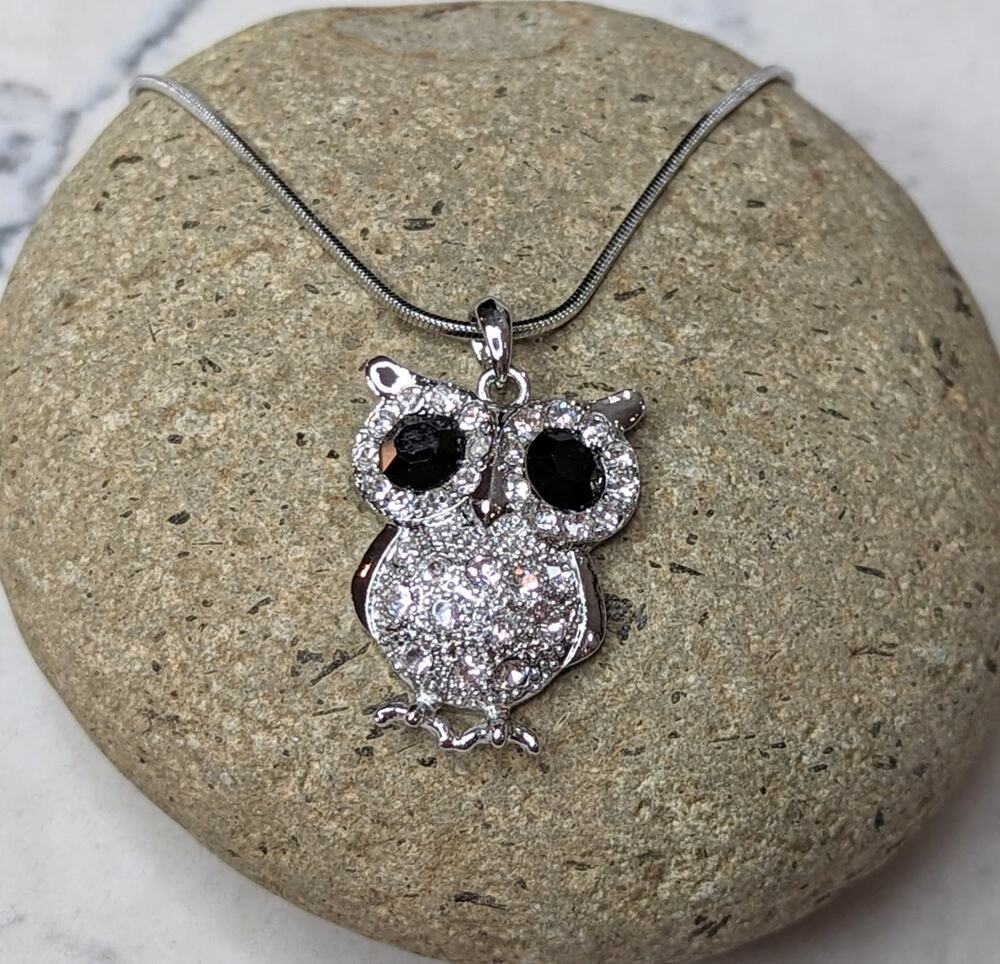 Large Sparkly Owl Necklace White Gold Plated Pendant with Crystals